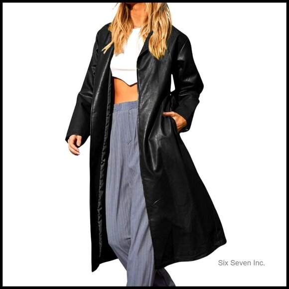 Jackets & Blazers - Slim Fit Faux Leather Trench Coat, Button Closure, Long Sleeve Ankle Length